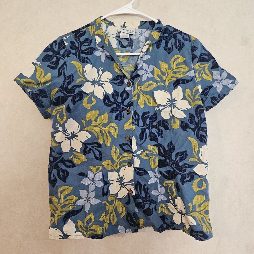 Bishop St Apparel Hawaii Womens M Hawaiian Aloha Shirt Blue Floral Button Front